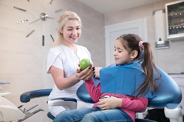 Image showing Young caucasian girl visiting dentist\'s office