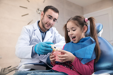 Image showing Young caucasian girl visiting dentist\'s office