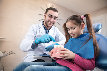 Image showing Young caucasian girl visiting dentist\'s office