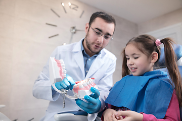 Image showing Young caucasian girl visiting dentist\'s office