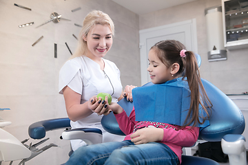 Image showing Young caucasian girl visiting dentist\'s office