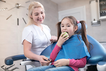 Image showing Young caucasian girl visiting dentist\'s office