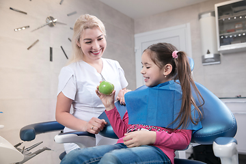 Image showing Young caucasian girl visiting dentist\'s office