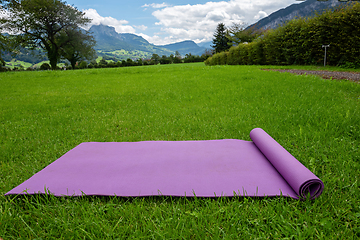 Image showing Fitness mat on the green grass background