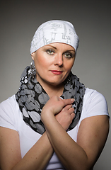 Image showing beautiful woman cancer patient wearing headscarf