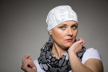 Image showing beautiful woman cancer patient wearing headscarf