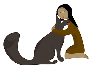Image showing Clipart of a girl knelt to the ground and hugging a grey dog vec