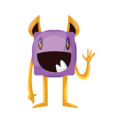 Image showing Smilling waving purple monster with long yellow arms and legs wh