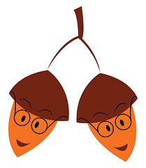 Image showing Two acorns wearing round eyeglasses hanging from the branch vect