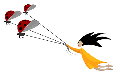 Image showing Cartoon funny picture of a girl pulling the three ladybugs tied 