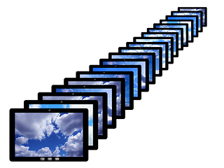 Image showing tablets in row with different images of sky isolated