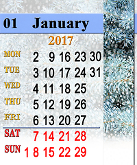 Image showing calendar for January 2017 with New Year's tree