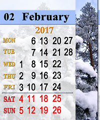 Image showing calendar for February 2017 with snowy pine branches