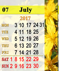 Image showing calendar for July 2017 with flowers of St.-John's wort