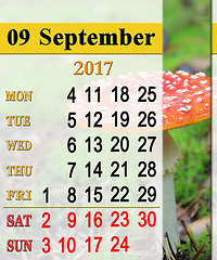 Image showing calendar for September 2017 with red toadstool