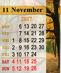 Image showing calendar for November 2017 with the red autumn leaves