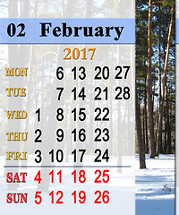 Image showing calendar for February 2017 with winter pines in forest