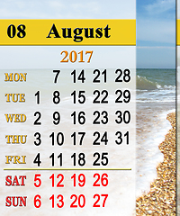 Image showing calendar for August 2017 with seashore