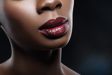 Image showing beautiful black woman red lips closeup