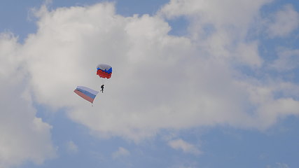 Image showing MOSCOW - SEP 2: the paratrooper descends on a parachute with the flag of Russia at a celebration in honor of the 70th anniversary of the launch of the first aircraft An-2 on September 2, 2017 in Mosco