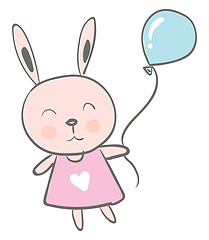 Image showing A cute baby cartoon hare dressed in pink and holds a blue balloo