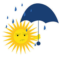 Image showing A sad sun holding a blue umbrella with its one hand on a rainy d