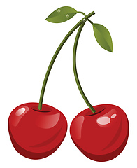 Image showing Red cherrys with green leafs  cartoon fruit vector illustration 