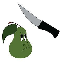 Image showing Green unhappy pear looking at a knife  vector illustration on wh