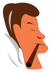 Image showing The side view of the face of a man smoking a thick cigar pipe ve