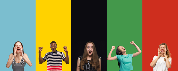 Image showing Portrait of group of young people isolated on multicolored studio background, flyer, collage