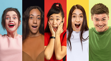 Image showing Portrait of group of young people isolated on multicolored studio background, flyer, collage