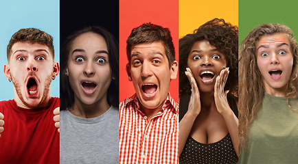 Image showing Portrait of group of young people isolated on multicolored studio background, flyer, collage