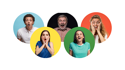 Image showing Portrait of group of young people isolated on multicolored studio background, flyer, collage