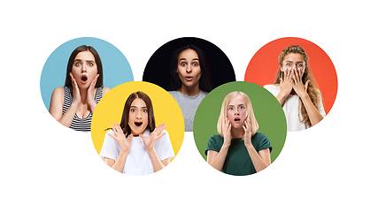 Image showing Portrait of group of young people isolated on multicolored studio background, flyer, collage