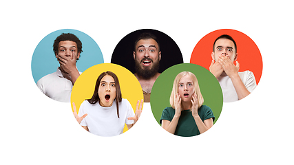 Image showing Portrait of group of young people isolated on multicolored studio background, flyer, collage