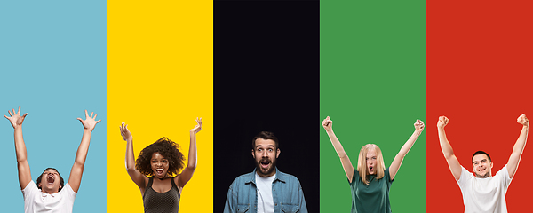 Image showing Portrait of group of young people isolated on multicolored studio background, flyer, collage