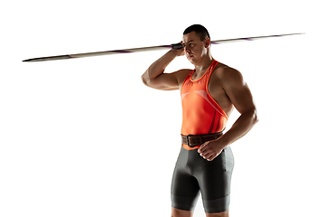 Image showing Male athlete practicing in throwing javelin isolated on white studio background