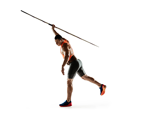 Image showing Male athlete practicing in throwing javelin isolated on white studio background