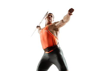 Image showing Male athlete practicing in throwing javelin isolated on white studio background