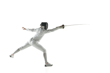 Image showing Teen girls in fencing costumes with swords in hands isolated on white background