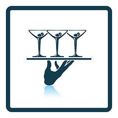 Image showing Waiter hand holding tray with martini glasses icon