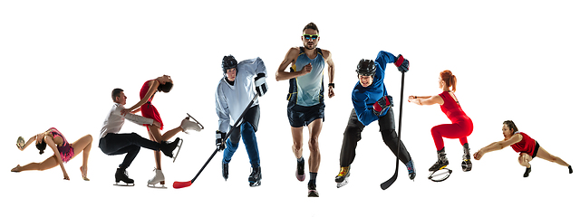 Image showing Collage of different professional sportsmen, fit people in action and motion isolated on white background. Flyer.