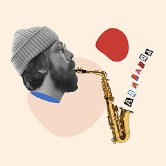 Image showing Contemporary art collage, modern design. Retro style. Stylish hipster, man playing saxophone with magazine letters on yellow background