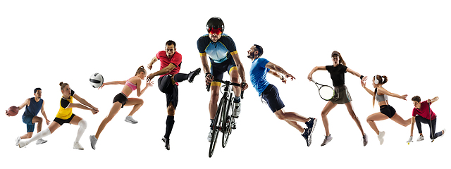 Image showing Collage of different professional sportsmen, fit people in action and motion isolated on white background. Flyer.