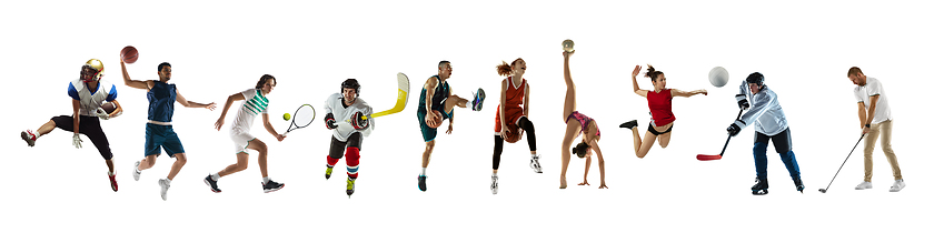 Image showing Collage of different professional sportsmen, fit people in action and motion isolated on white background. Flyer.