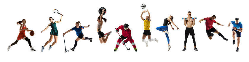 Image showing Collage of different professional sportsmen, fit people in action and motion isolated on white background. Flyer.