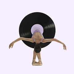 Image showing Contemporary art collage, modern design. Retro style. Beautiful ballerina in vinyl plate dancing on purple background