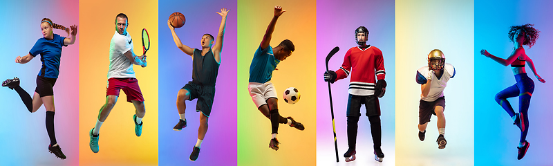 Image showing Collage of different professional sportsmen, fit people in action and motion isolated on multicolored neon background. Flyer.