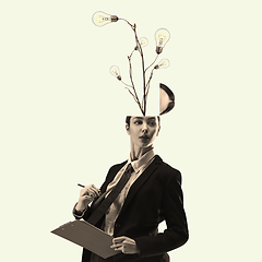 Image showing Contemporary art collage, modern design. Retro style. Beautiful woman in office suit with head, full of ideas and flowers, inspired