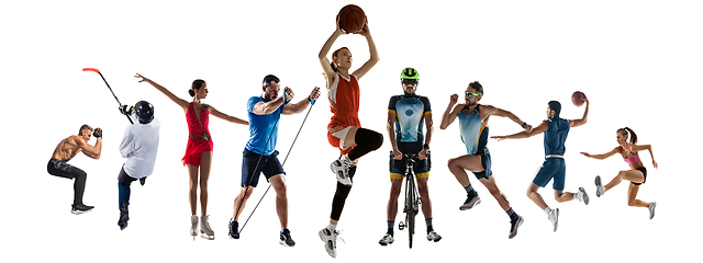 Image showing Collage of different 8 professional sportsmen, fit people in action and motion isolated on white background. Flyer.